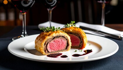 Beef Wellington sliced, plated, with red wine reduction
