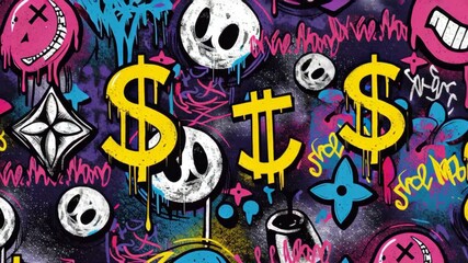 funk graffiti wall doodle art animation in colorful color, messy fun dollar sign cartoonish style - Powered by Adobe