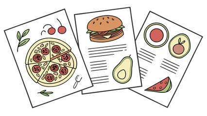 Hand drawn illustrations of pizza burger avocado and watermelon on paper