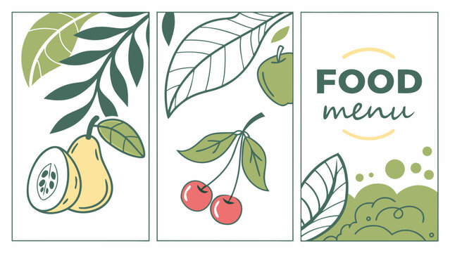 Food menu design with stylized fruits and leaves