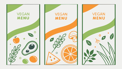 Three vegan menu flyers with fresh food illustrations