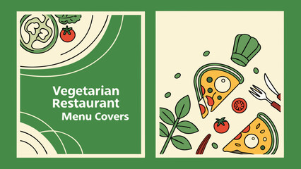 Vegetarian restaurant menu covers with pizza and vegetables