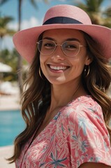 Fototapeta premium Close up of American with pink fancy vacation attire on a resort background, young woman smiling and looking somewhere