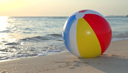 Obraz premium Beach ball rests on sandy shore near ocean waves at sunset
