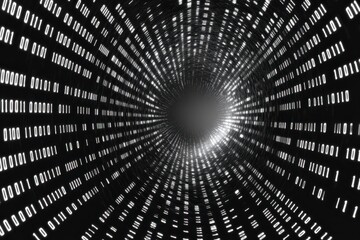 Exploration of binary coding through a digital tunnel of connections on a black background, binary coding and network of connections on black background