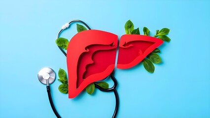 World Hepatitis Day Concept with Red Liver Shape, Stethoscope and Green Leaves on Blue Background.
