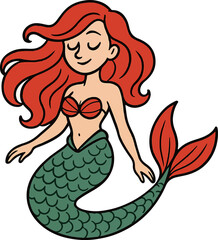 A Charming Cartoon Mermaid with Flowing Red Hair and a Verdant Green Scaled Tail Swimming Serenely