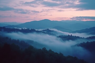 Fototapeta premium Captivating fog envelops the rolling hills of Tuscany at dawn, Beautiful fog covered landscape of Tuscany Italy at dawn