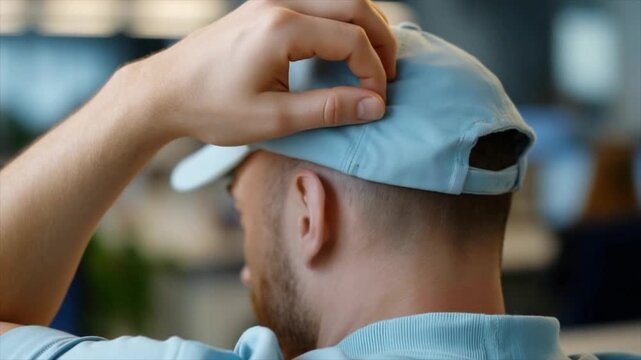 A man with short hair and stubble wearing a light blue baseball cap