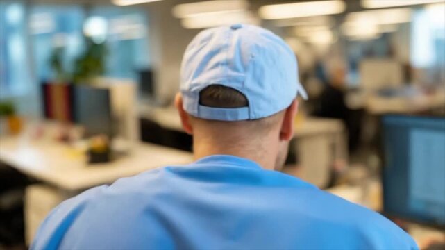 A man with short hair and stubble wearing a light blue baseball cap