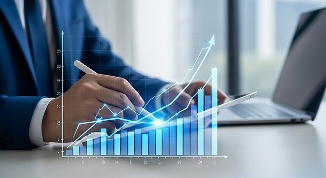 Business growth chart analysis with digital tablet and laptop signifying financial success and market trends observation