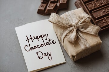 Close-up of a handwritten note saying "Happy Chocolate Day" next to a rustic gift box wrapped in burlap ribbon, with assorted chocolate pieces in the background on a wooden table. Warm and festive set