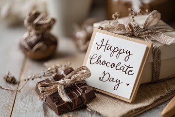Close-up of a handwritten note saying "Happy Chocolate Day" next to a rustic gift box wrapped in burlap ribbon, with assorted chocolate pieces in the background on a wooden table. Warm and festive set