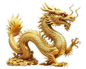 Fototapeta premium Chinese golden dragon statue isolated on white background,PNG.AI Generated.