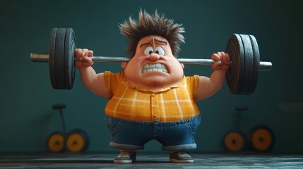 Cartoon character lifting heavy weights with determined expression in studio