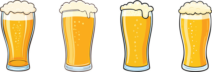 Set of cartoon beer isolated glasses filled with beer and topped with white foamy head