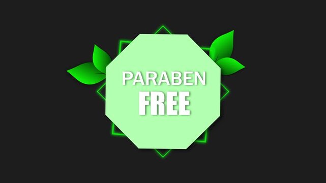 Green leaf paraben free emblem animation. Health and wellness branding with motion graphics. Animated paraben free badge. Organic cosmetics and sustainable packaging design element.