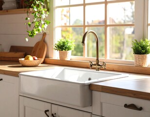 Bright kitchen with farmhouse sink, wood counters, and plants