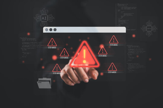 System warning alert on virtual interface with woman interaction. Concept of cybersecurity risk, data breach, malware, hacking, IT failure, and digital system vulnerability in modern technology.