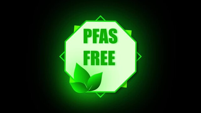Green eco PFAS free emblem animation. Clean energy and ecology conservation motion graphics. Animated PFAS free green badge. Nature friendly product packaging with renewable resources design.