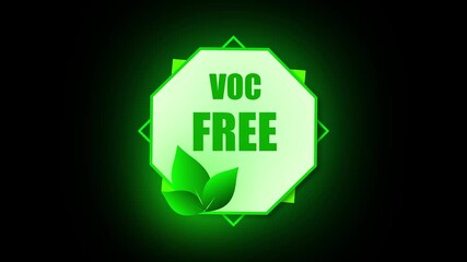 Animated VOC free green logo. Environmental branding for sustainable marketing campaigns. Green eco VOC free emblem animation. Broadcast quality marketing visuals for digital media.