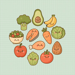 Healthy Food Circle Cute Cartoon Fruits and Vegetables