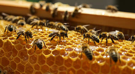 Honey Bees on Honeycomb Producing Fresh Natural Honey