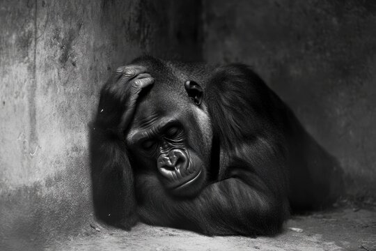 Sad lowland gorilla resting in captivity at Prague zoo exhibits signs of boredom and despair, Sad bored western Lowland Gorilla captive Prague zoo