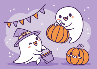 Fototapeta premium Cute cartoon ghosts with pumpkins and candy bucket
