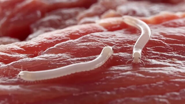 Close-up of the white worms on the raw meat