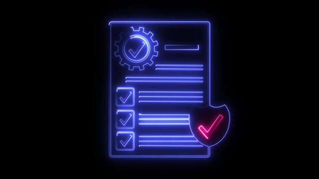 Animated neon icon of gear document and Business file on a black background