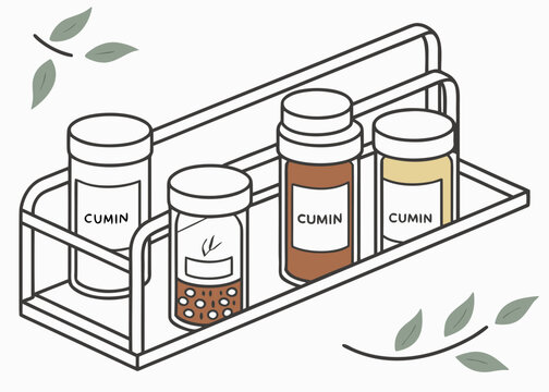 Four cumin spice jars on a rack with leaves kitchen