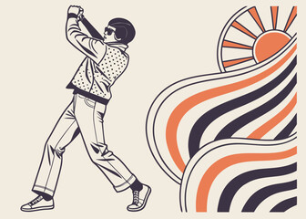 Man in retro outfit swinging baseball bat with abstract sun and waves