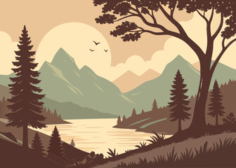 Fototapeta premium Minimalist vector landscape with lake and mountains