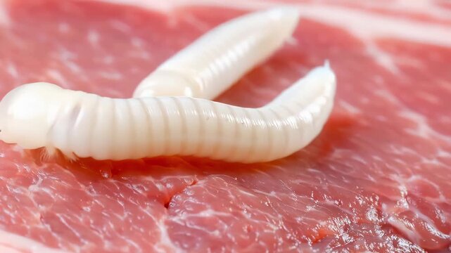 Close-up shot of the wriggling white worms on the meat