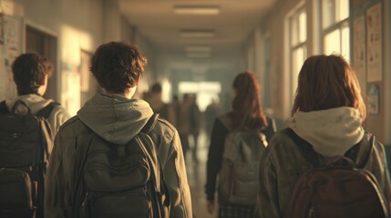 Back view of group of teenagers students walking down school hallway with backpacks  