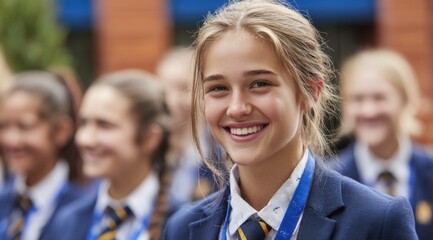 Close-up of happy blonde teenager girl student smiling with classmates in school uniforms