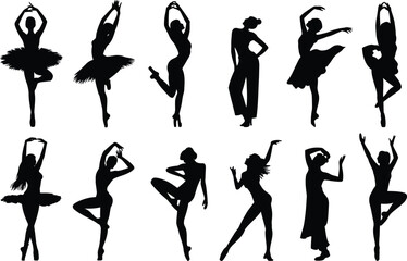 Ballet dancers performing graceful poses silhouettes