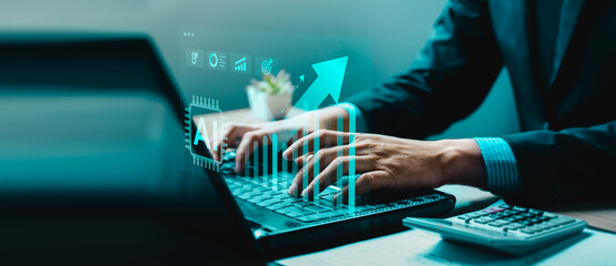 Artificial intelligence driving digital business growth with rising data graph and AI chip icon, futuristic technology concept for automation, analytics, and smart business performance tracking