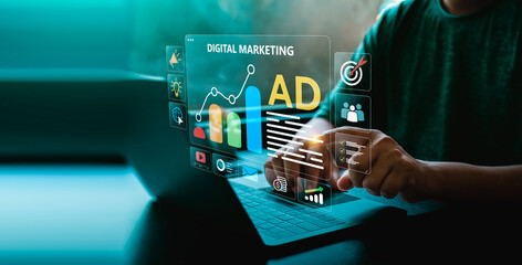 Digital marketing strategy with online advertising, social media promotion, data analytics, content...
