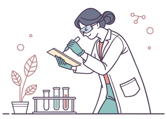 Woman scientist in lab coat examining plant and test tubes