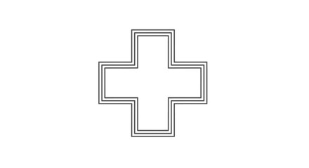 Fototapeta premium A simple, outlined cross shape, rendered in a silver or gray metallic style, isolated on a white background.