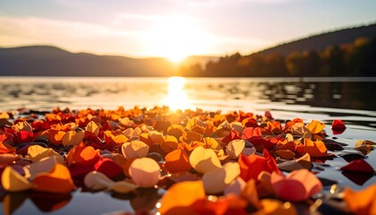 Autumnal sunset over calm lake, colorful petals floating on the water's surface