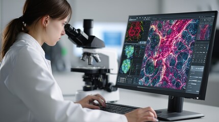 A Female Scientist Analyzing Cellular Data On Computer Screen In Modern Laboratory