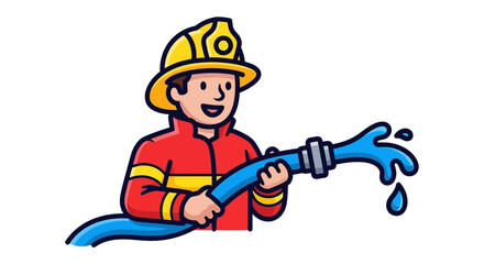 Fototapeta premium Cheerful cartoon firefighter bravely battling a blaze, wielding a water hose.