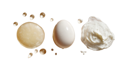Illustrative row showcasing egg, yolk and mayonnaise alongside scattered droplets on a bright white backdrop on transparent background