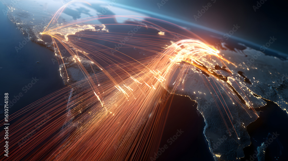 Poster global network and connection: illuminated pathways weave across a detailed map, representing the in