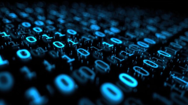 Abstract digital binary code with glowing blue numbers and a dark background, representing data and technology.