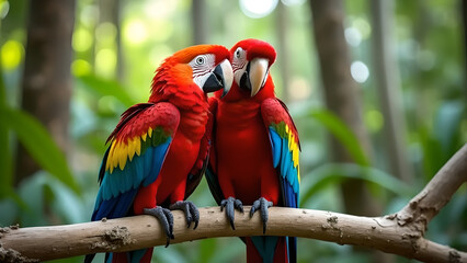 Obraz premium Two Scarlet Macaws Close-Up – Vibrant Tropical Birds Perched in Lush Jungle