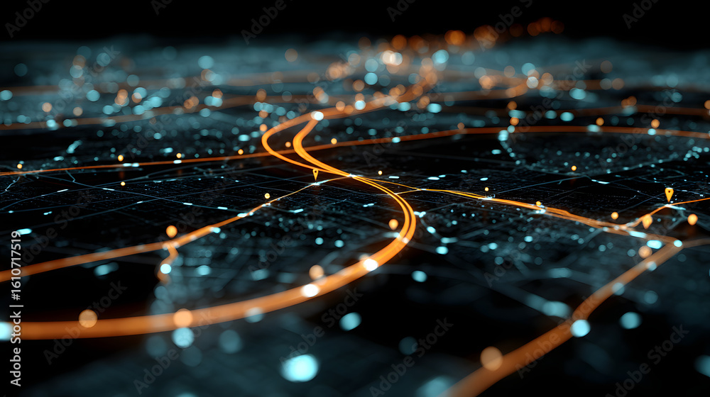 Poster technological network of light: an evocative visualization of data pathways, represented as glowing 